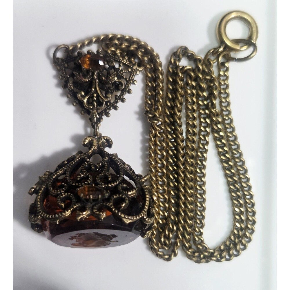 Victorian Revival Amber Glass Necklass Pendant w/ Eteched Cameo on Bottom Vtg